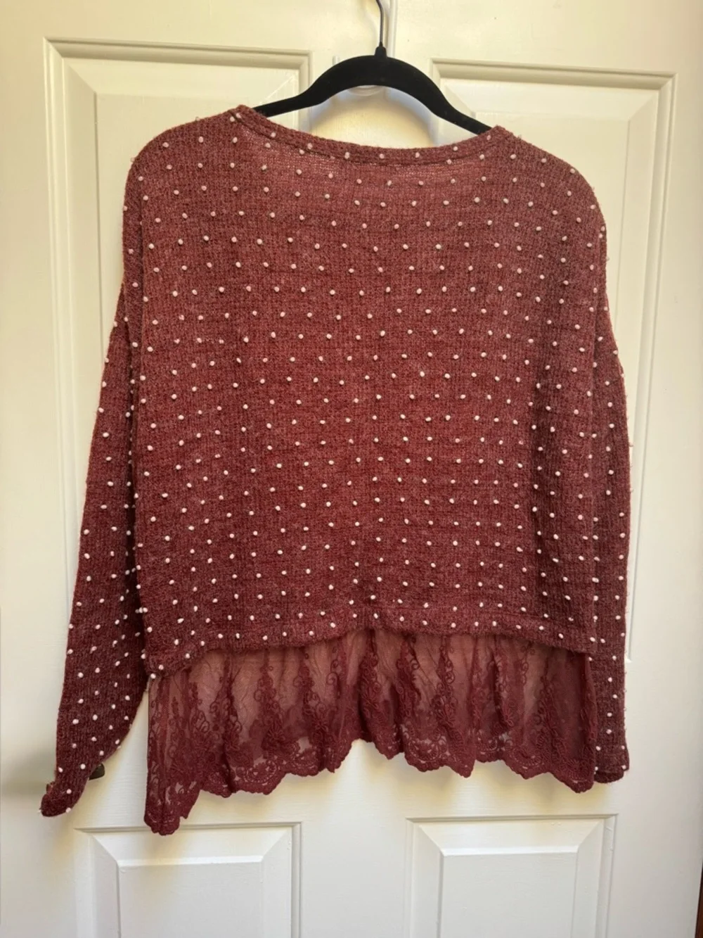 Altar'd State Lace Hem Polka Dot Embellished L/Sleeve Burgundy Red Sweater Large